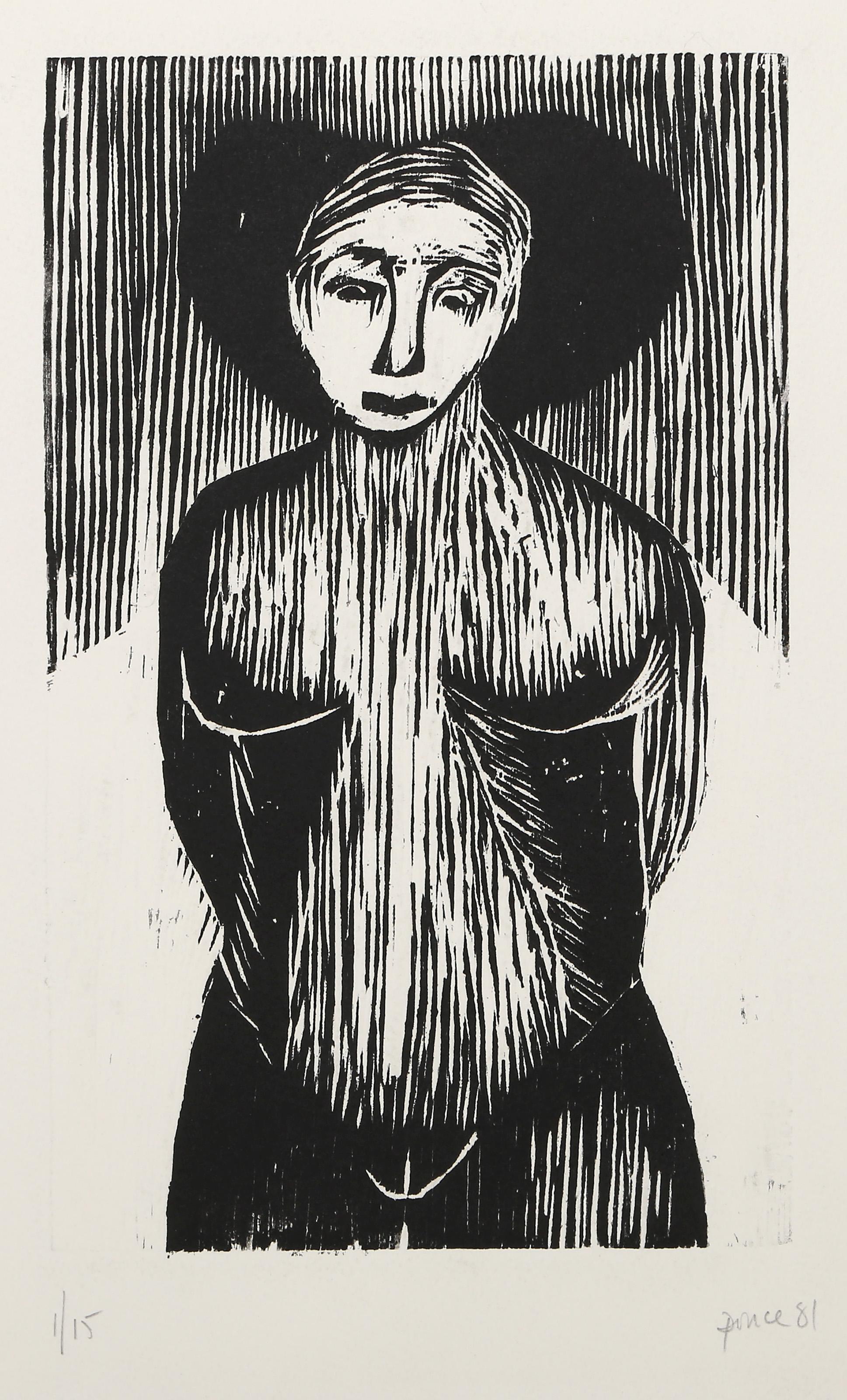 Mujer de pie, xilografía surrealista de Ponce