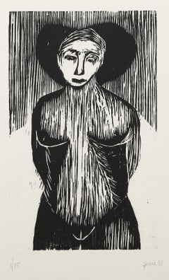 Mujer de pie, xilografía surrealista de Ponce