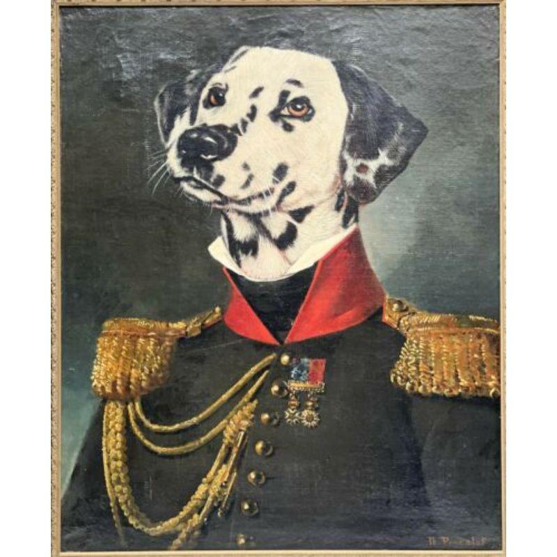 Poncelet Anthropomorphic Portrait of a Dalmatian Dog Military Officer Oil Canvas

Thierry Poncelet (Belgian, b. 1946) anthropomorphic portrait of a Dalmatian dog, possibly circa 1990. Originally mid-19th century or earlier oil on canvas depicting