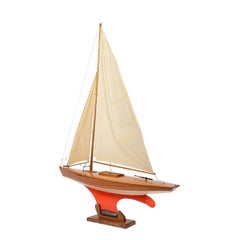 Pond Model on Wooden Base, Red and White Hull Made in the 1950s