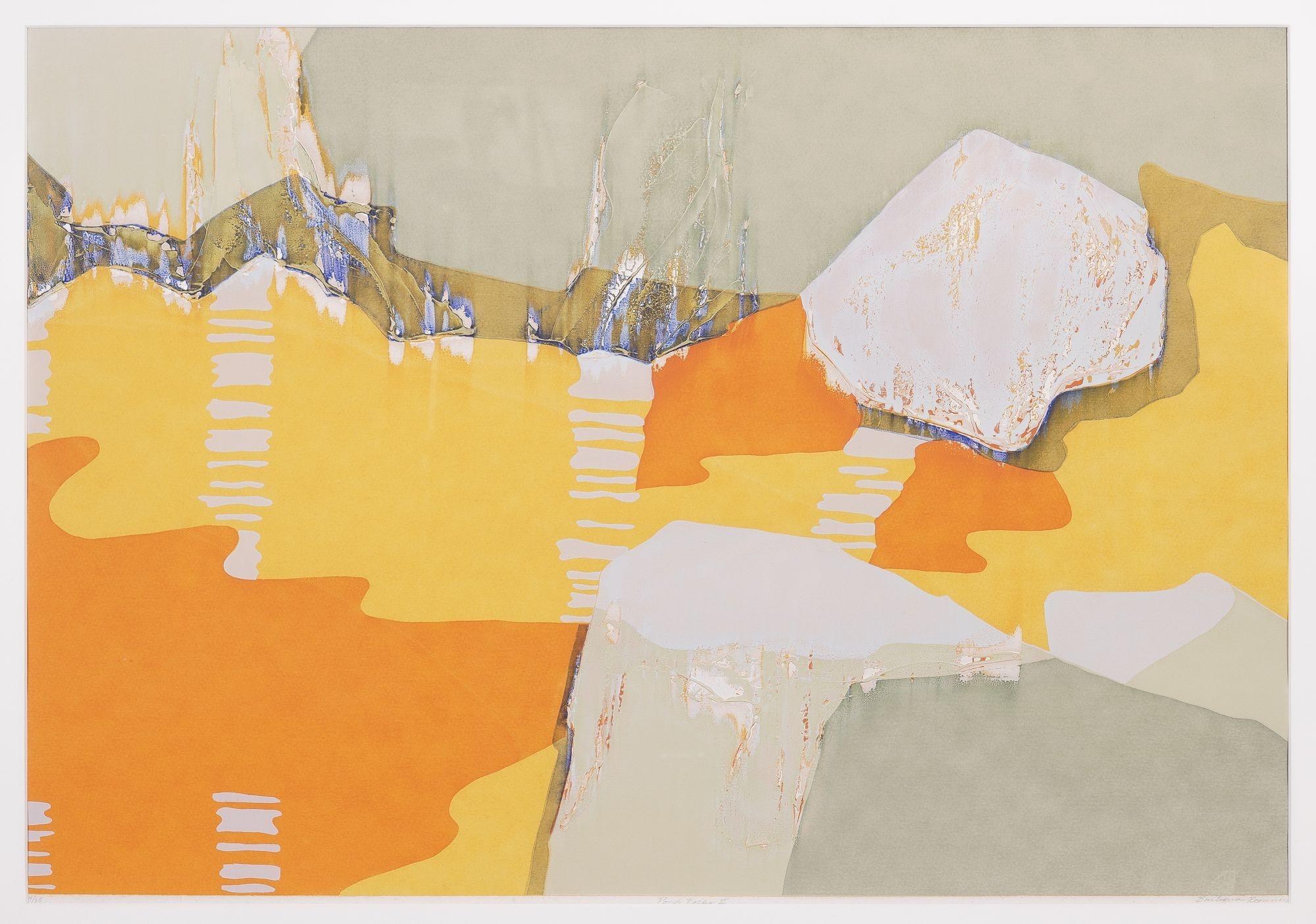 Abstract mixed media monotype in shades of green, gray, orange, and yellow. Barbara Romney with Isabel Fields were the co- founders of. Printmaker's Inc. at the Torpedo Factory Art Center in Alexandria, Virginia. Printmaker's & the Torpedo Factory