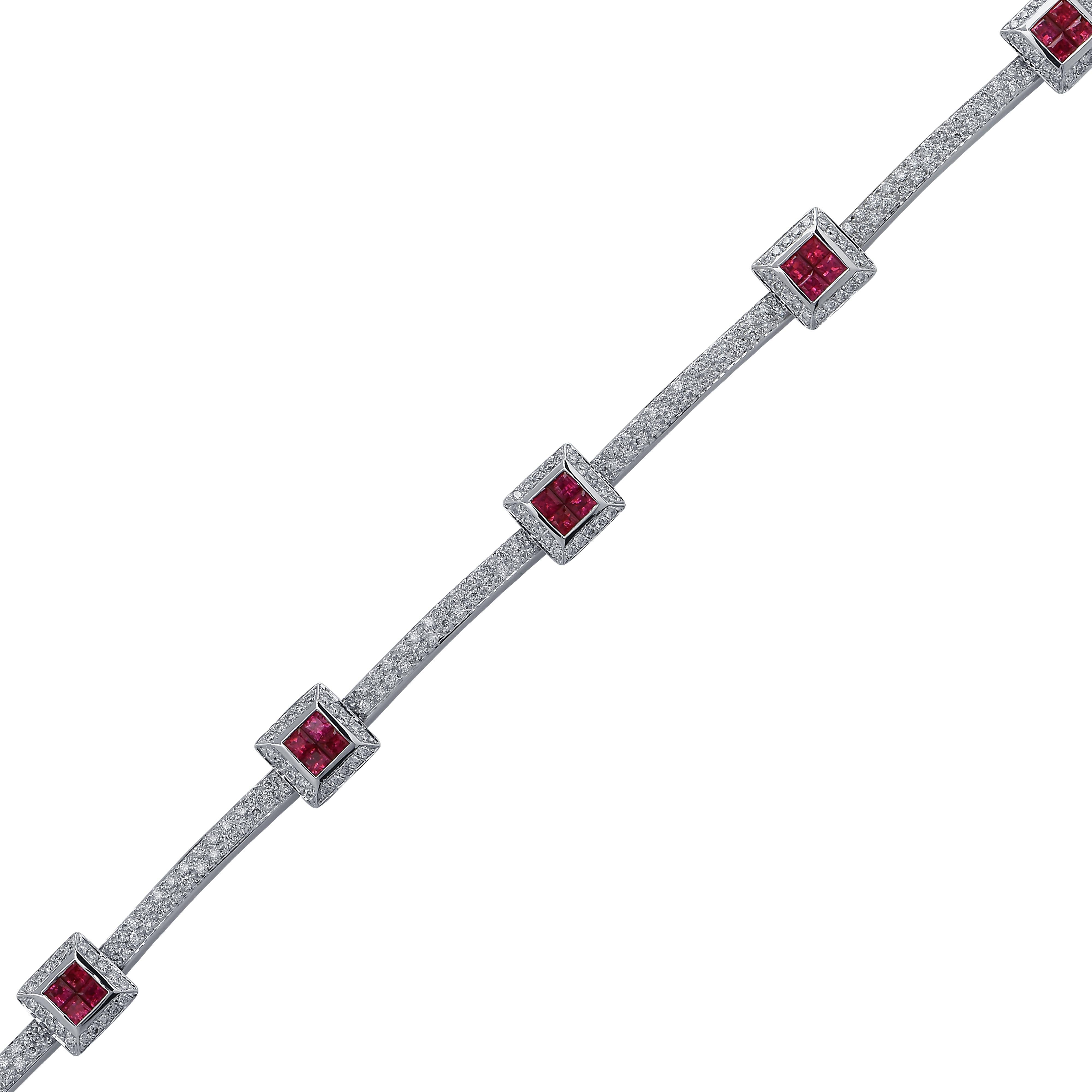 Stunning bracelet crafted in 18 karat white gold featuring 24 square cut rubies weighing approximately 1 carat total, accented by 284 round brilliant cut diamonds weighing approximately 1.5 carats total, G color VS clarity. Six squares, invisibly