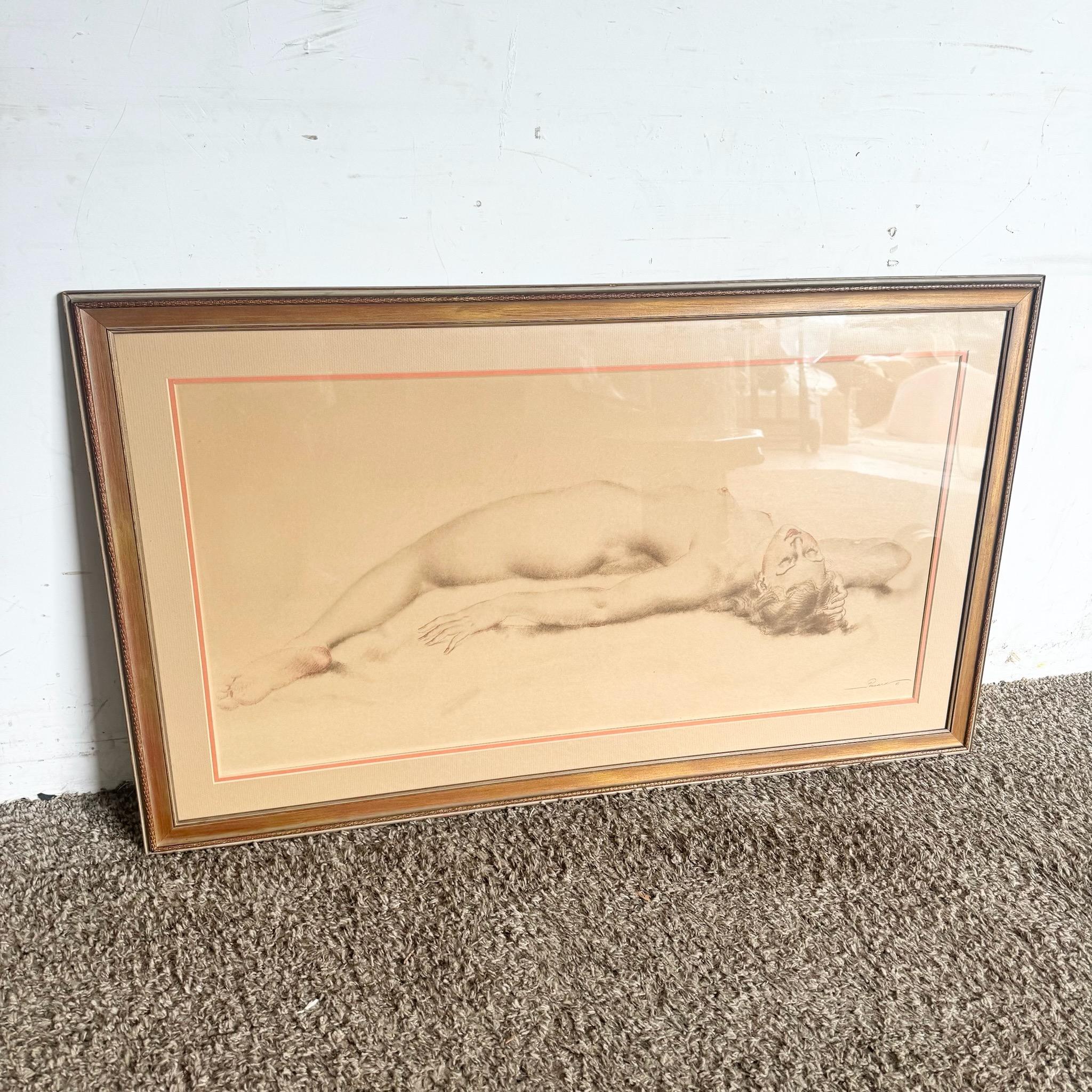 Esta estampa enmarcada de un desnudo reclinado de Ponsard, firmada y fechada en 1973, muestra líneas elegantes y un arte sofisticado. Enmarcada en un marco clásico, esta pieza es perfecta para añadir un toque de belleza atemporal y refinamiento a