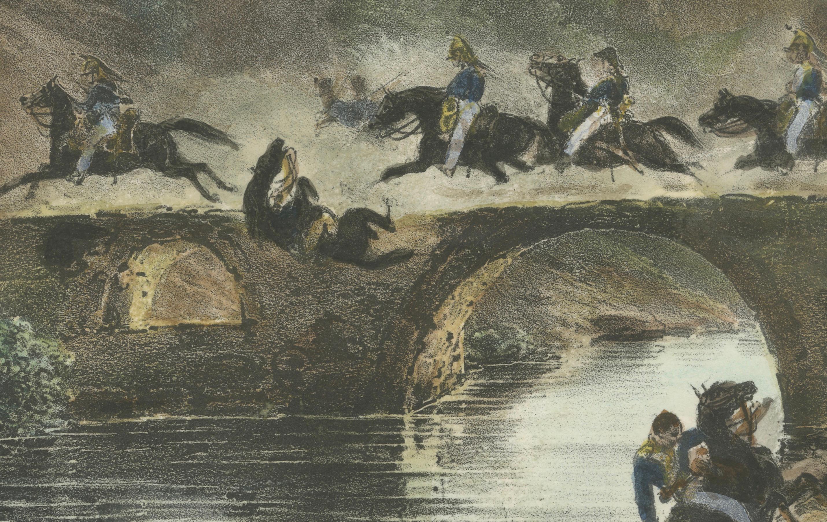 Gravé Pont de Coy : les troupes françaises franchissant un pont en 1809, lithographie des guerres napoléoniennes en vente