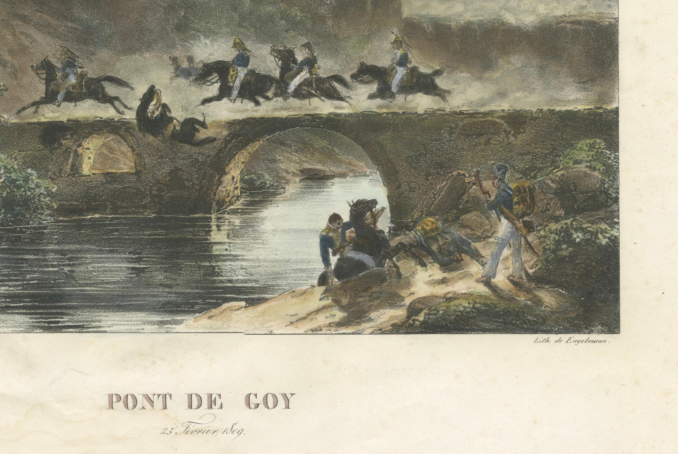 Pont de Coy : les troupes françaises franchissant un pont en 1809, lithographie des guerres napoléoniennes État moyen - En vente à Langweer, NL