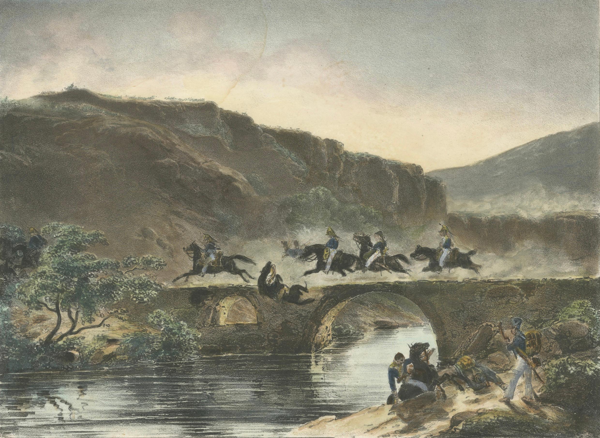 Milieu du XIXe siècle Pont de Coy : les troupes françaises franchissant un pont en 1809, lithographie des guerres napoléoniennes en vente