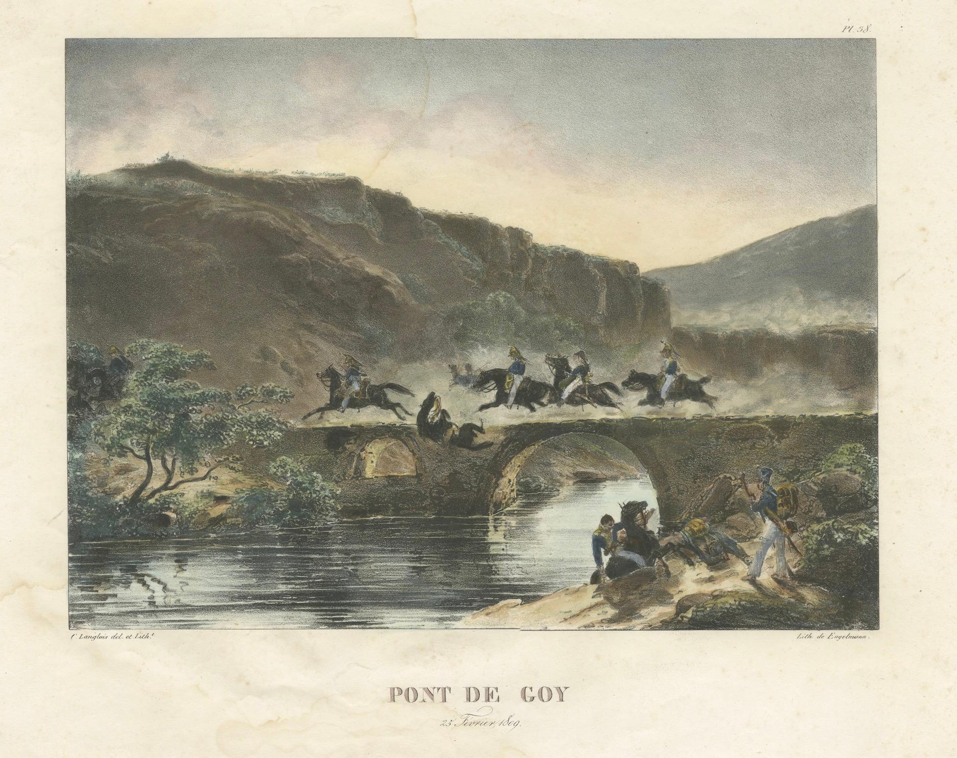 Papier Pont de Coy : les troupes françaises franchissant un pont en 1809, lithographie des guerres napoléoniennes en vente