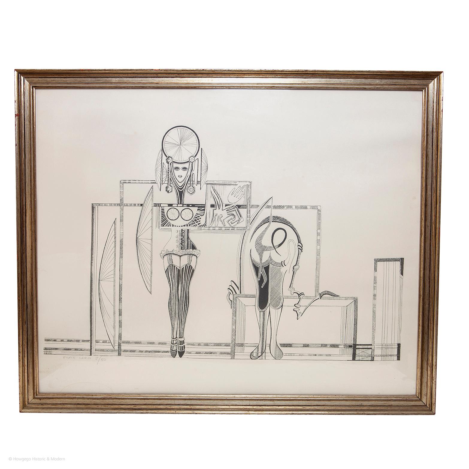 Ponte Corvo, Mid-Century Modern, Monotone, Surrealist print, limited edition 2/50, in the original gilded frame

Playful, erotic, surrealist composition
In Italian Ponte Corvo means literally ‘bridge’ ponte and ‘curved’ curvo. 
The composition
