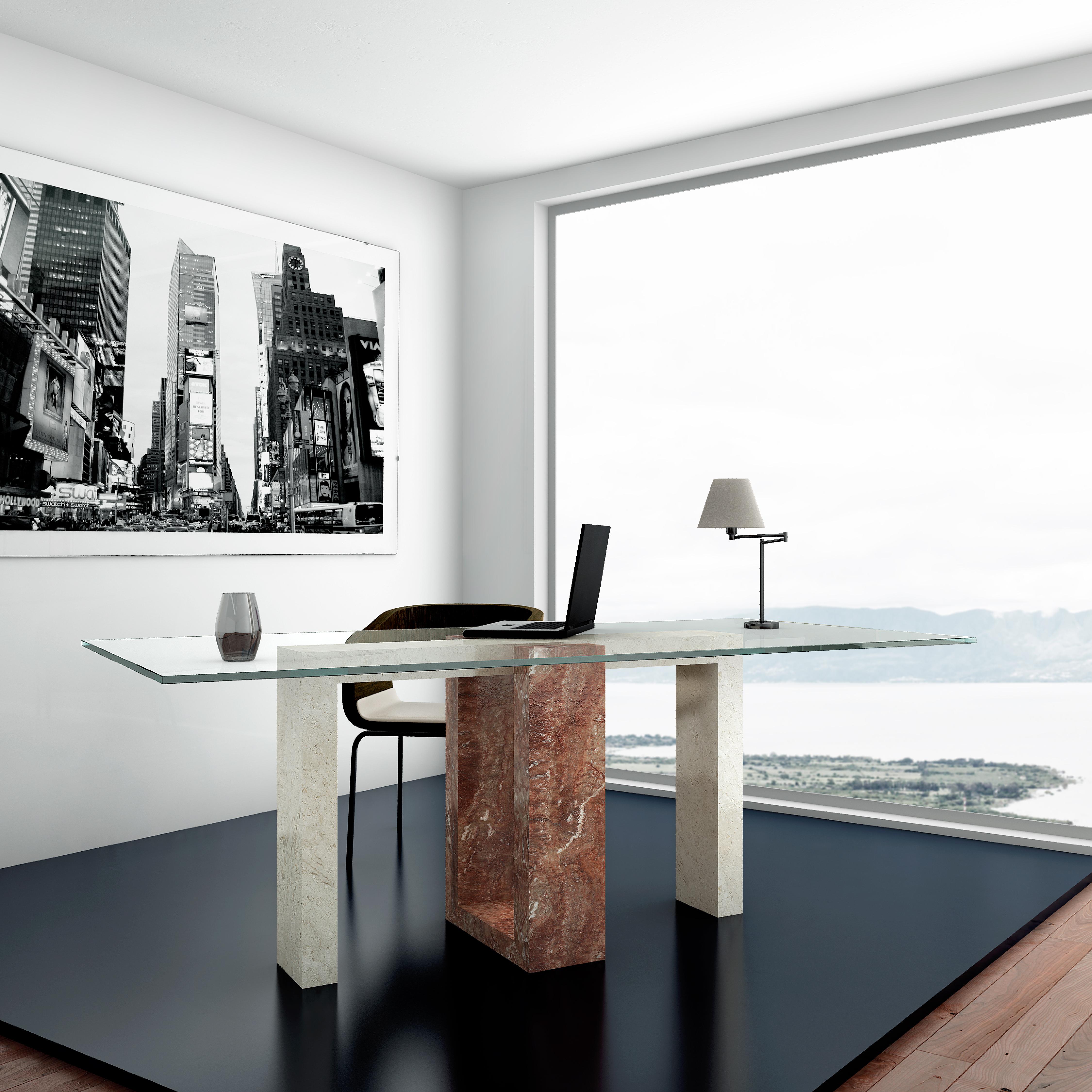 Ponte Italian Travertine Marble & Black Slate Dining Table Contemporary Design Made in Spain. Ponte représente le luxe le plus raffiné où l'élégance rencontre un savoir-faire exceptionnel. Nous vous présentons la table à manger Ponte, un