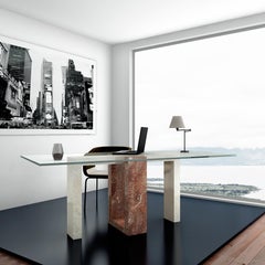 Ponte Italian Travertine Marble & Black Slate Dining Table Contemporary Design