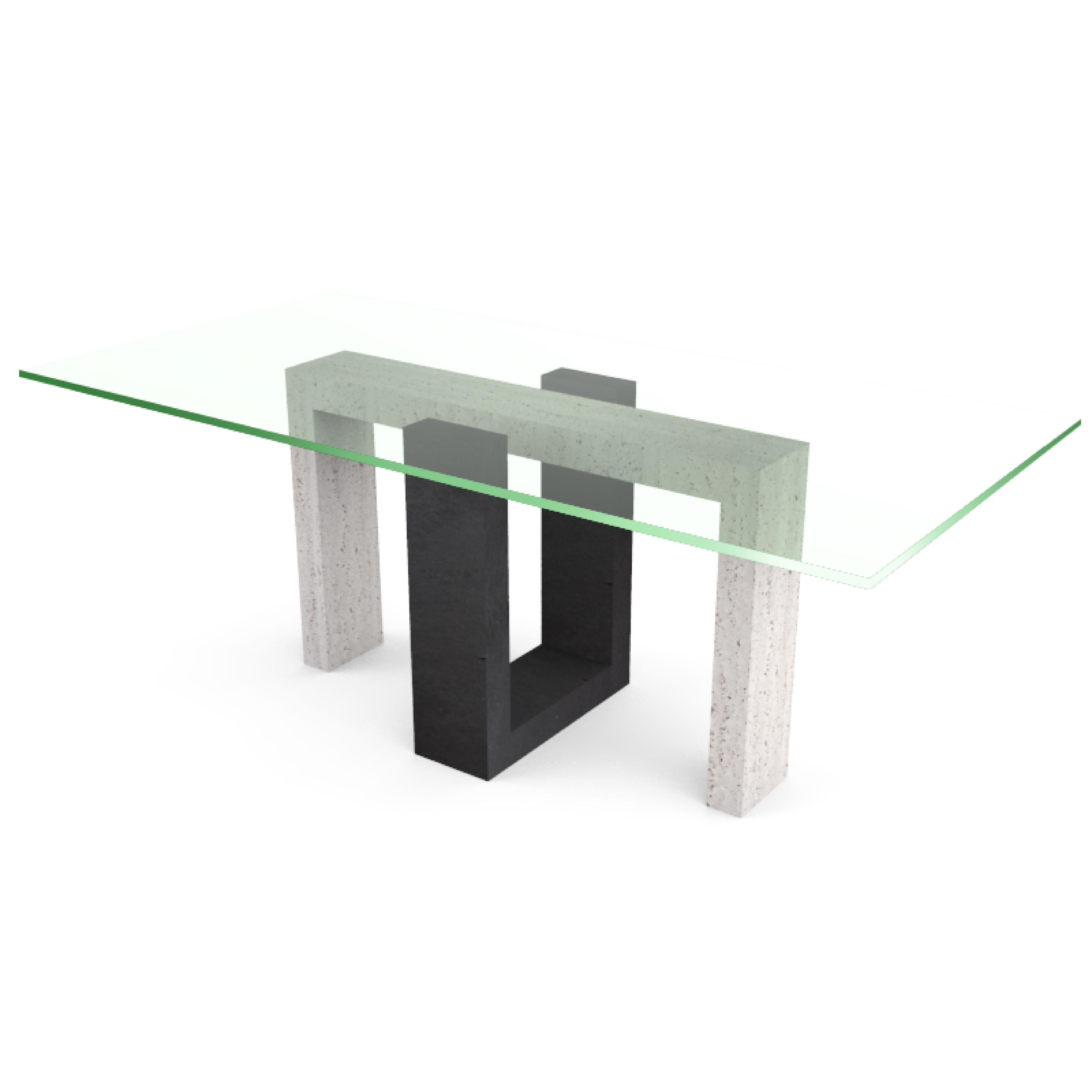 Fait main Ponte Italian Travertine Marble & Black Slate Dining Table Contemporary Design en vente