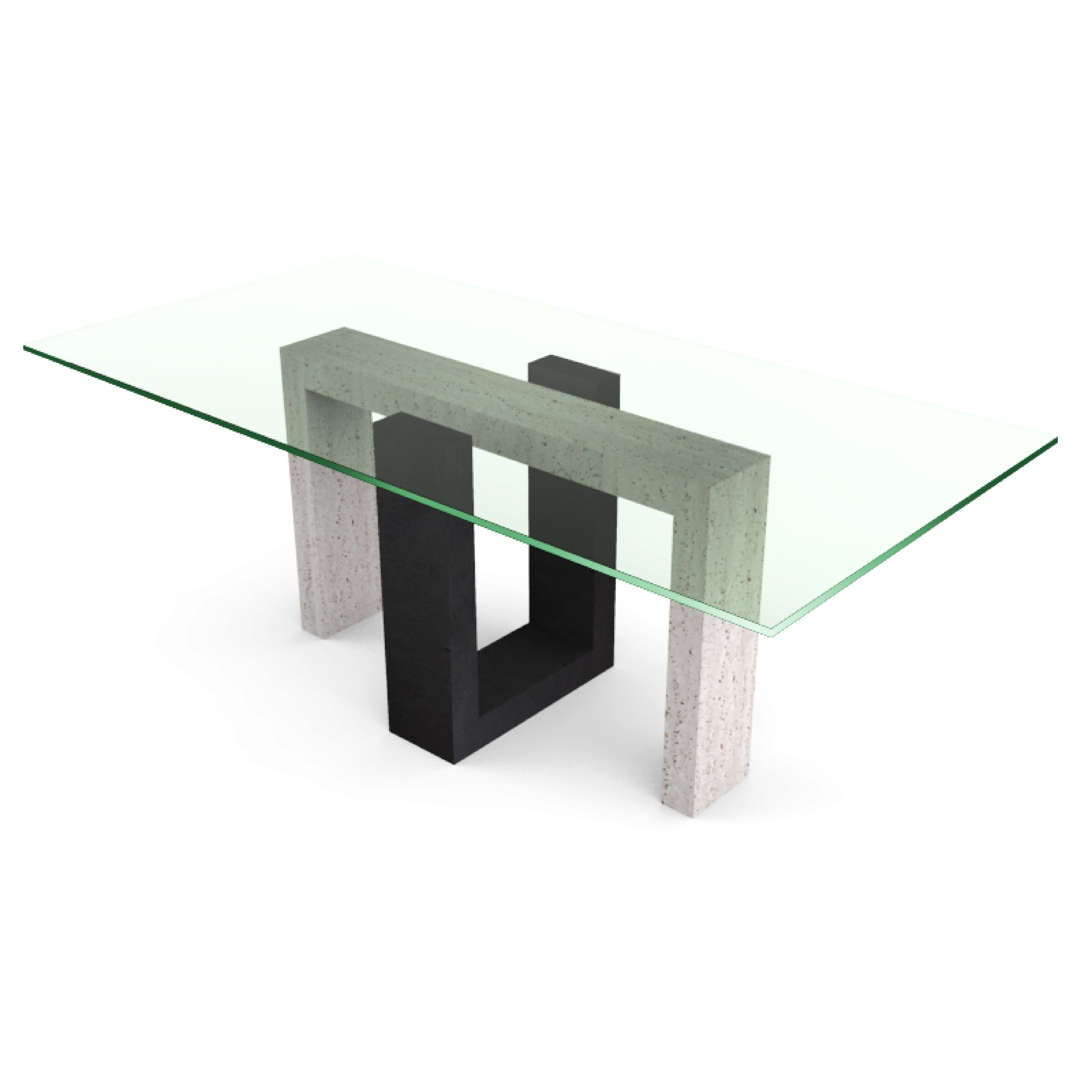 XXIe siècle et contemporain Ponte Italian Travertine Marble & Black Slate Dining Table Contemporary Design en vente