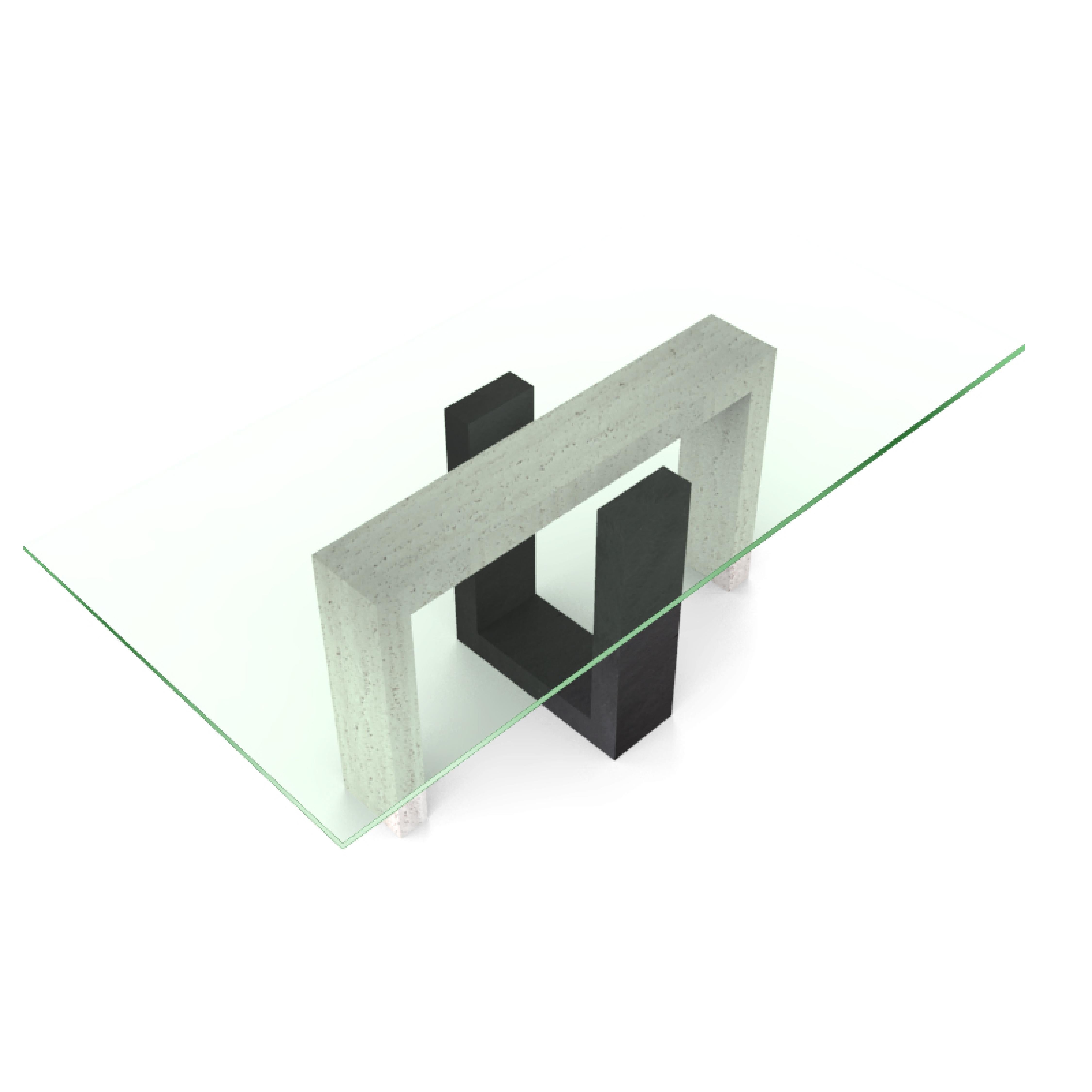 Marbre Ponte Italian Travertine Marble & Black Slate Dining Table Contemporary Design en vente