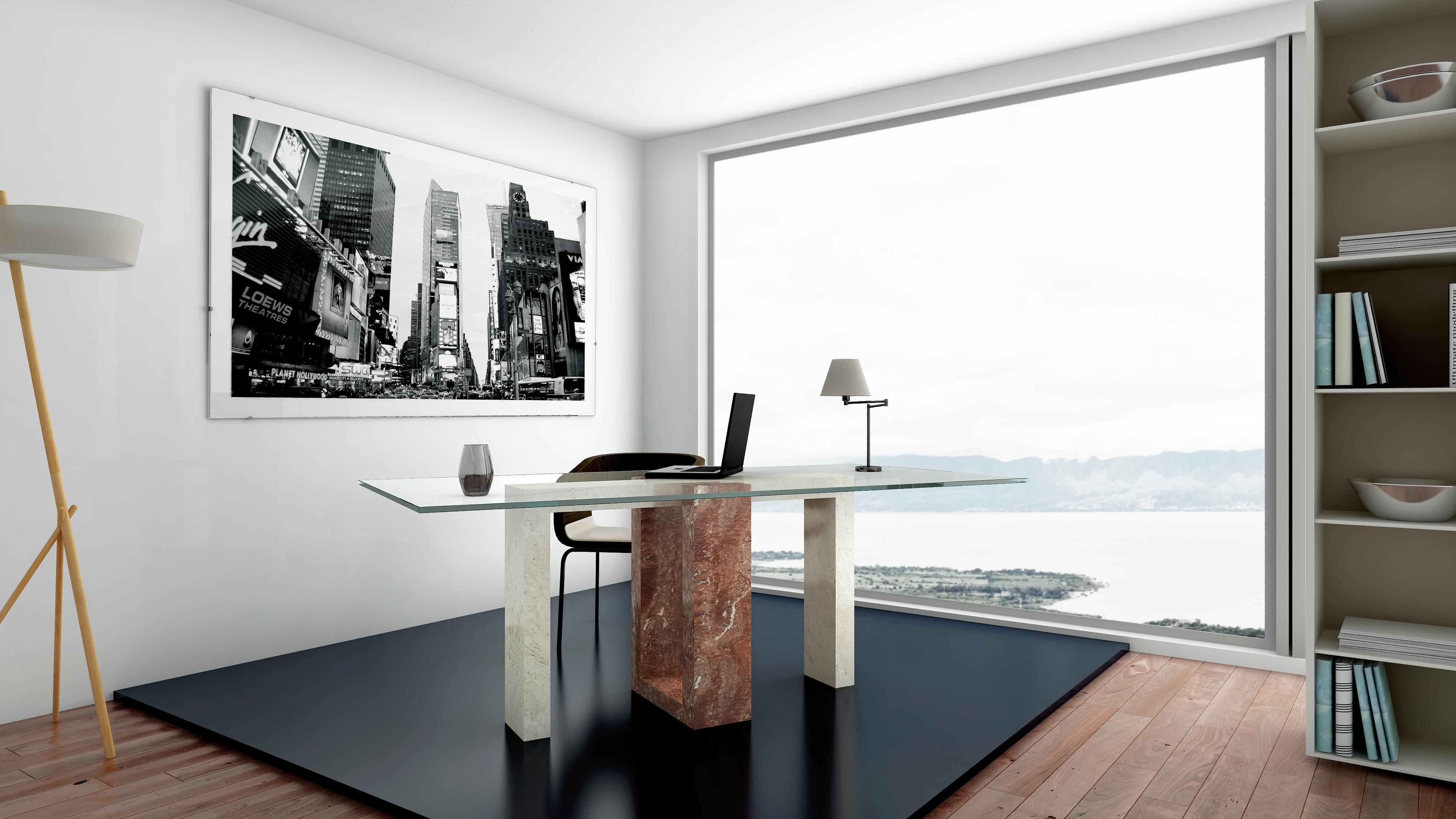 Ponte Italian Travertine Marble & Black Slate Dining Table Contemporary Design en vente 1