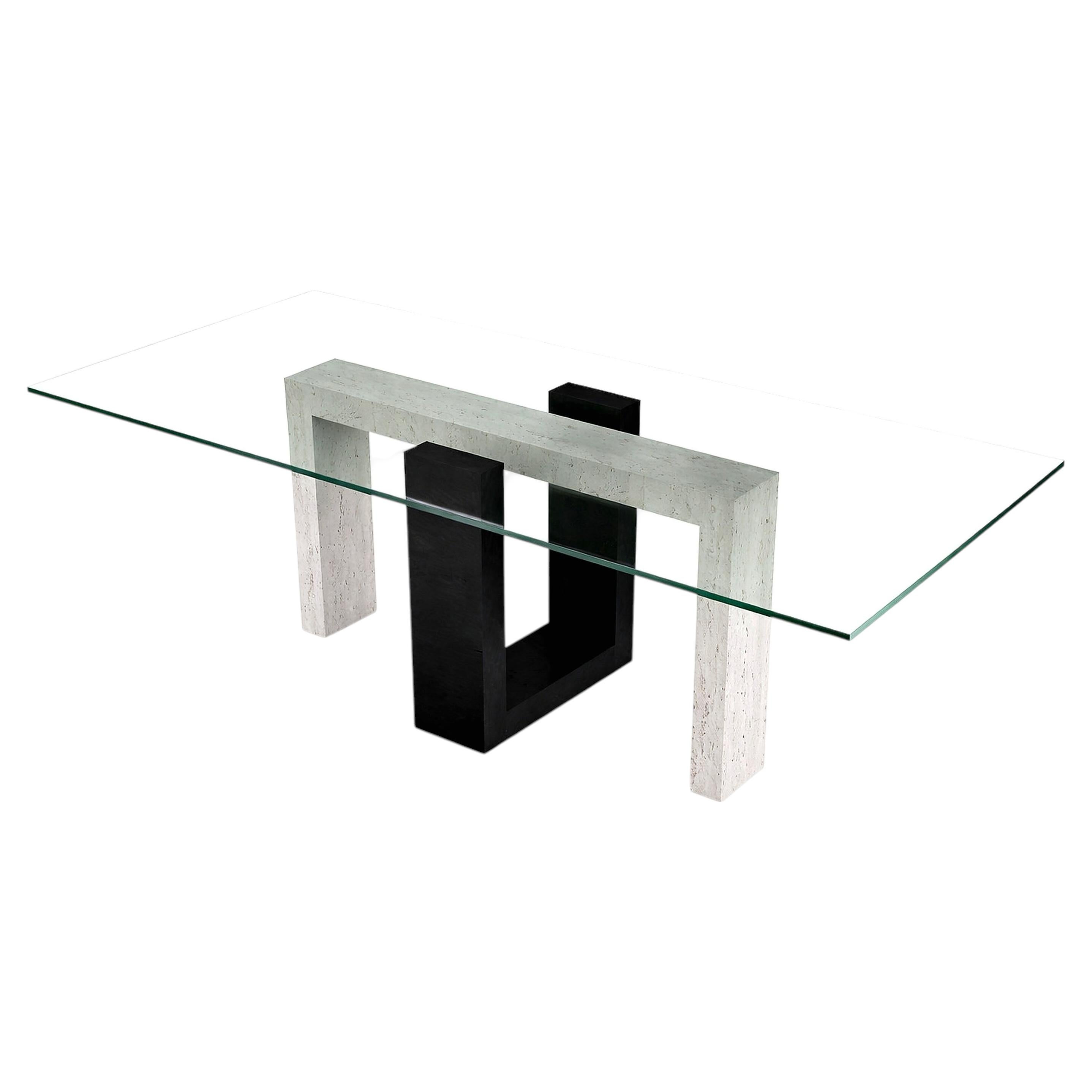 Ponte Italian Travertine Marble & Black Slate Dining Table Contemporary Design