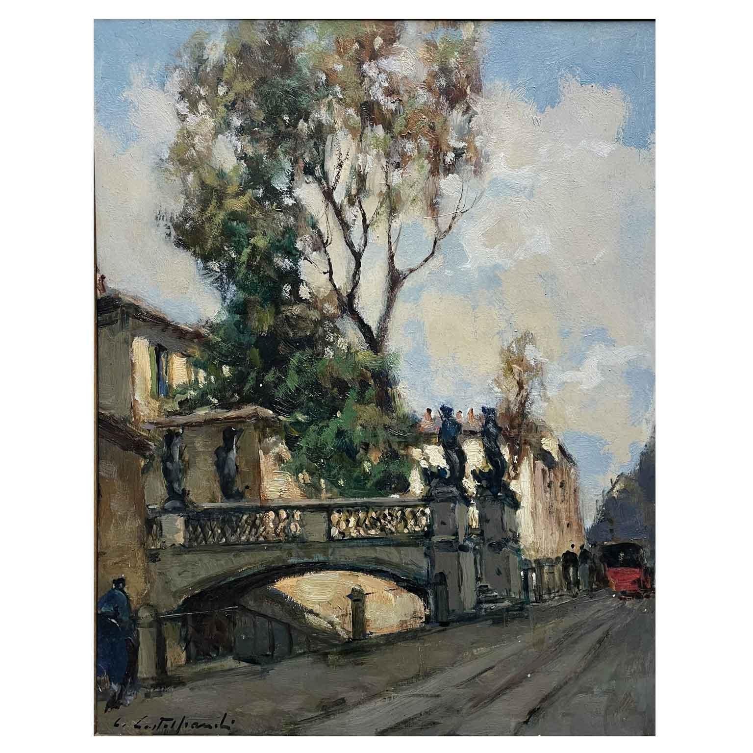 Ponte sul Naviglio a Milano Paesaggio Italiano Cirano Castelfranchi 1952 en vente 1