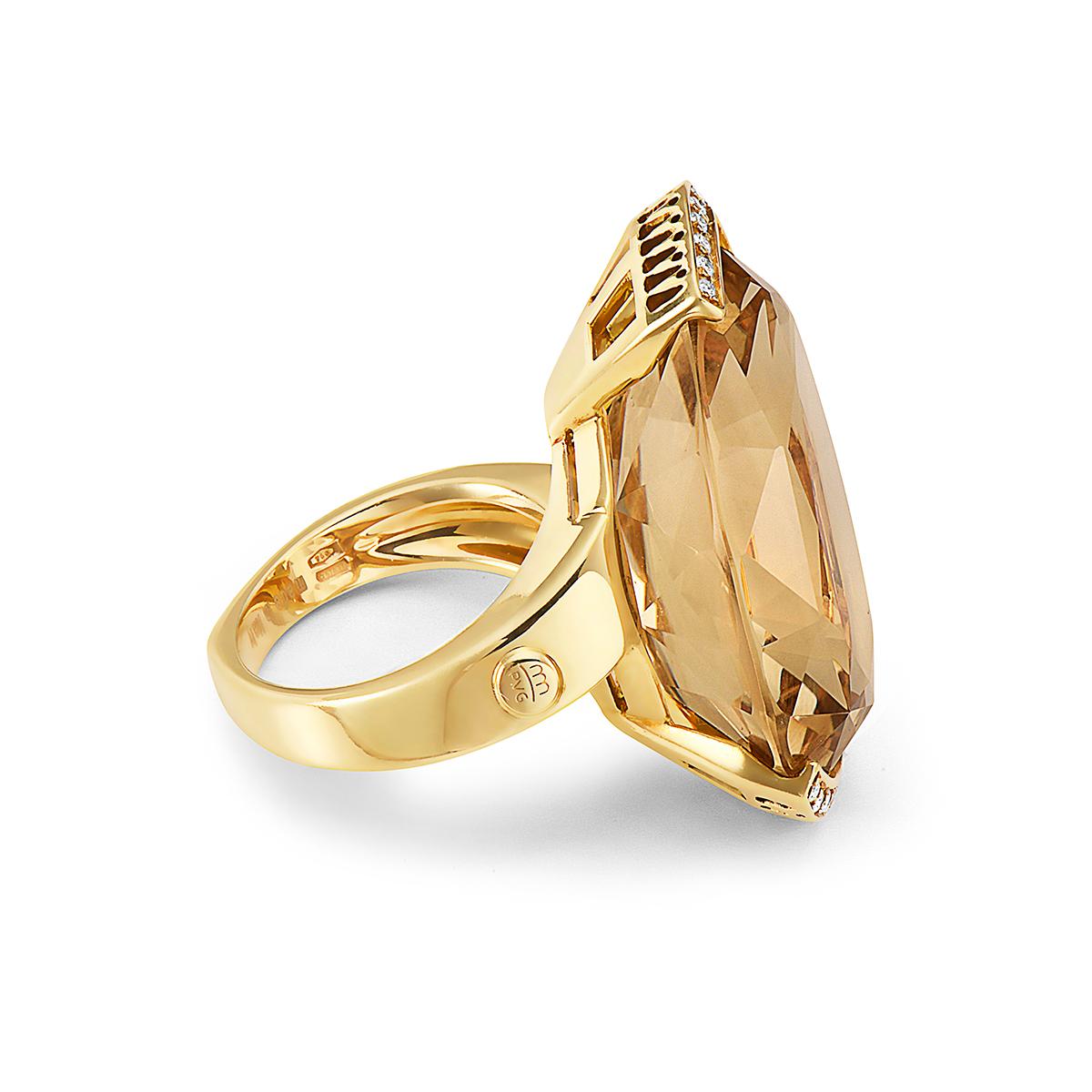 This 18K yellow gold Ponte Vecchio Gioielli cocktail ring features a 45.10 carat faceted pear shape citrine and 0.14 carats of round brilliant cut diamonds. Size 7.25. Made in Italy. Signed PVG.
Stone Count: 16
Marks: 750, Designer Signature,