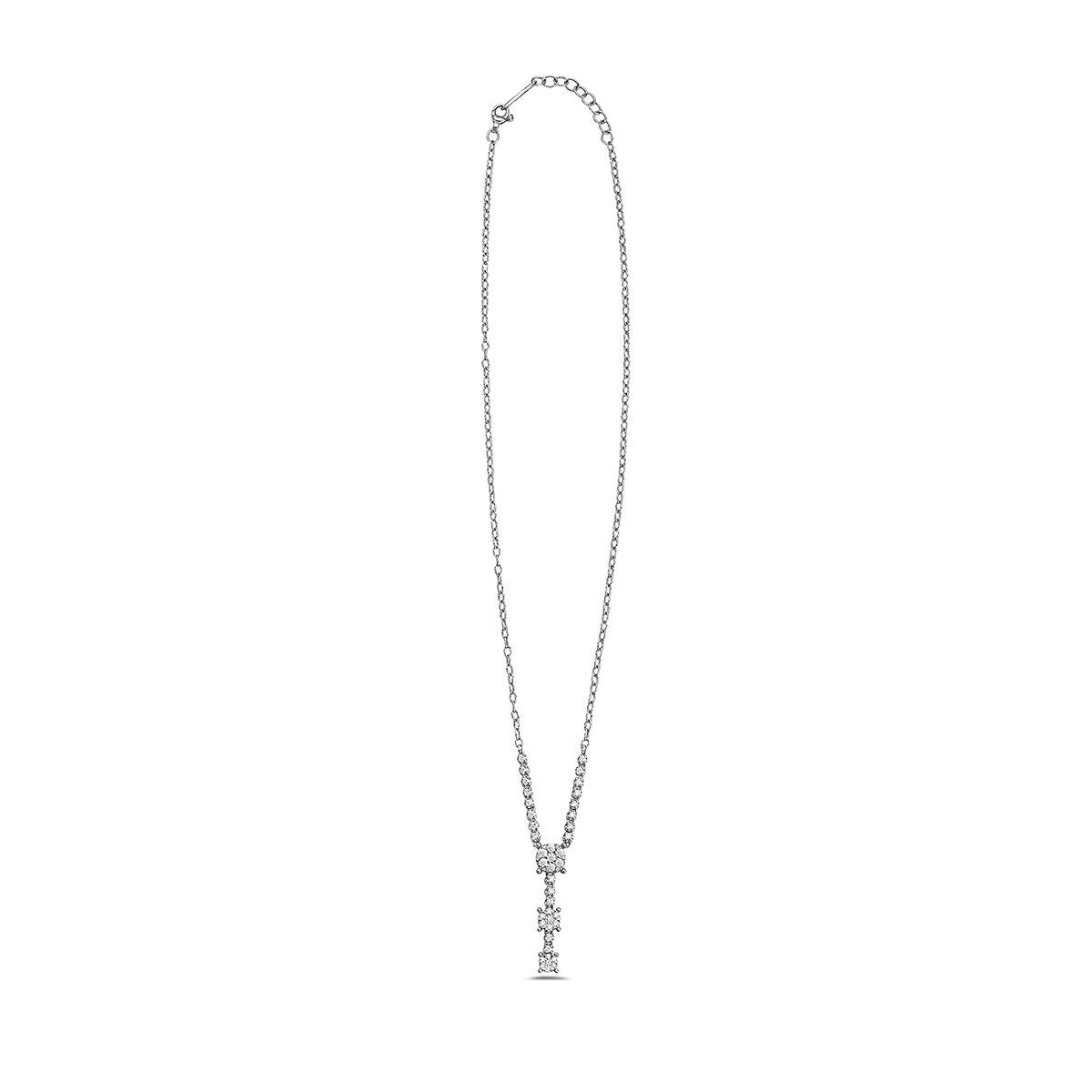 This rhodium-plated 18K white gold Ponte Vecchio Gioielli lavalier necklace features 1.30 carats of diamonds and adjustable lobster clasp closure. The pendant features a cluster of round brilliant stones designed to appear as solitaires.  Chain