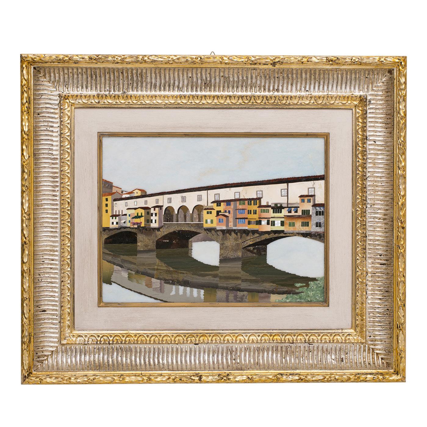 Bold grains of lapis lazuli, chalcedony, green Arno, and mother of pearl have been worked to depict the iconic Ponte Vecchio, a major landmark of Florence. The elegant design is employing Renaissance techniques as well as long days of patient work.