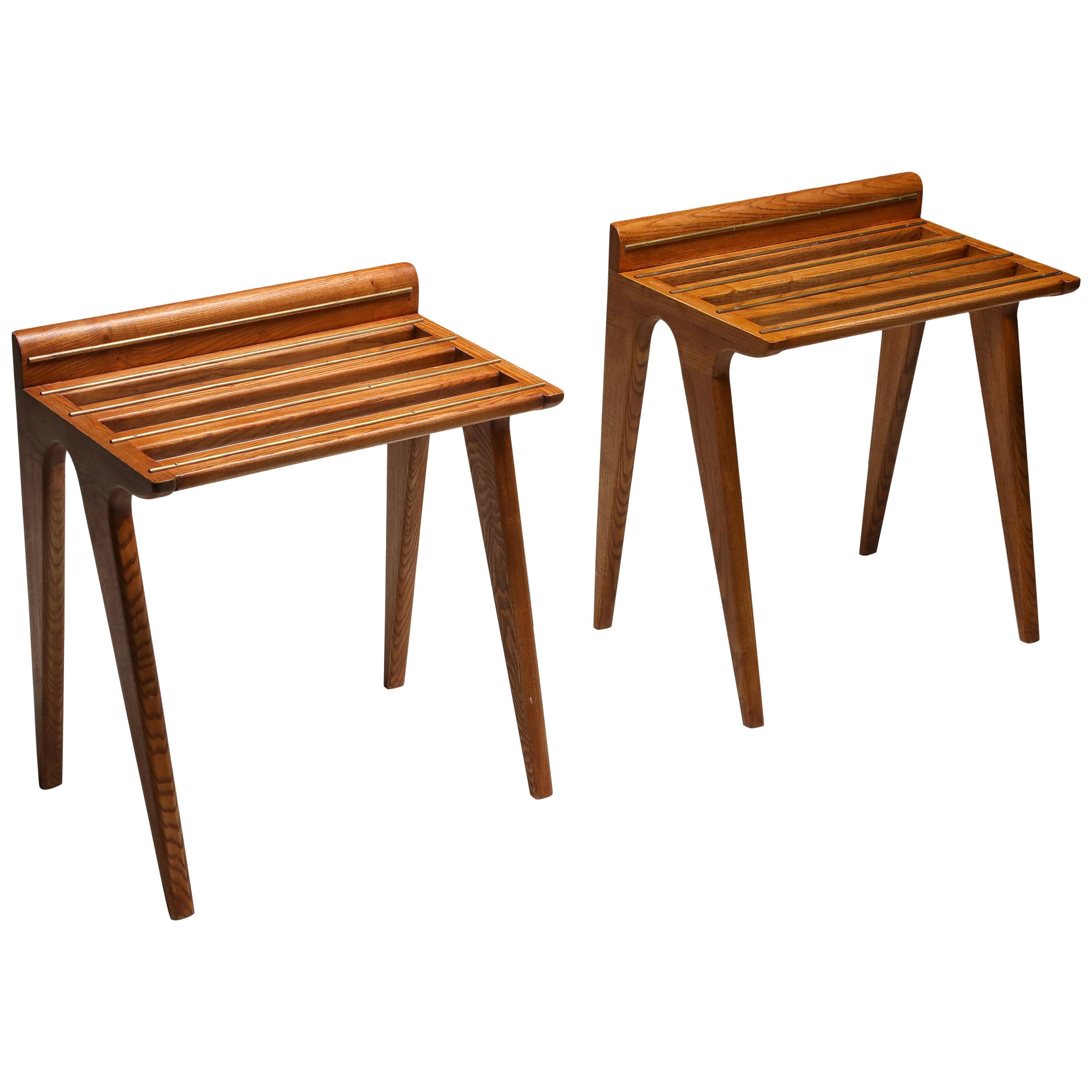 Ponti Style Suitcase Holders in Oak and Brass, circa 1958 For Sale