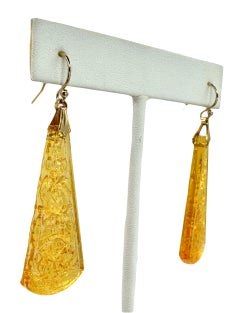 PONTIEL Art Deco Amber Glass Etched Czech Republic Drop Earrings