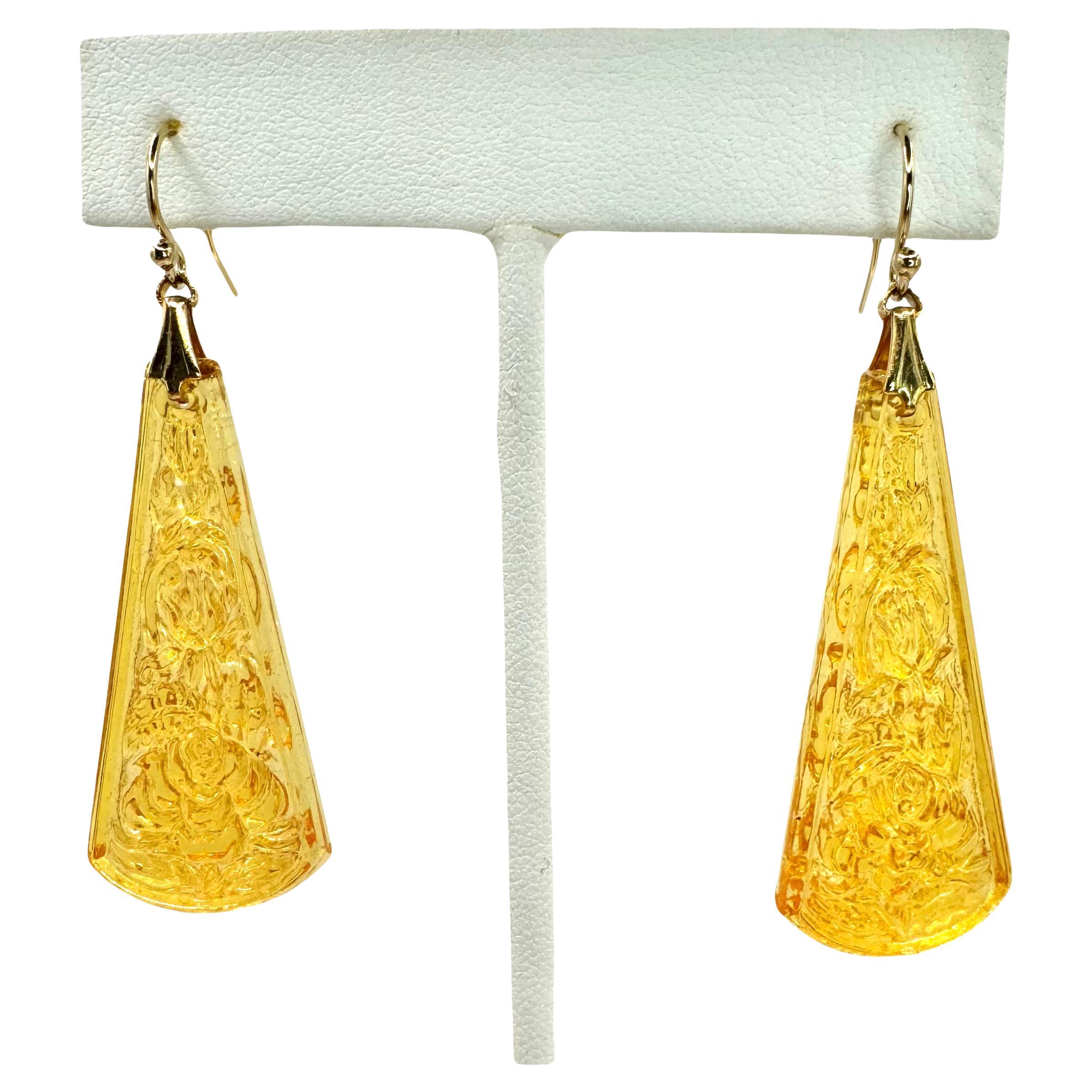 PONTIEL Art Deco Amber Glass Etched Czech Republic Drop Earrings For Sale