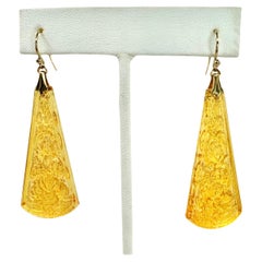 PONTIEL Art Deco Amber Glass Etched Czech Republic Drop Earrings