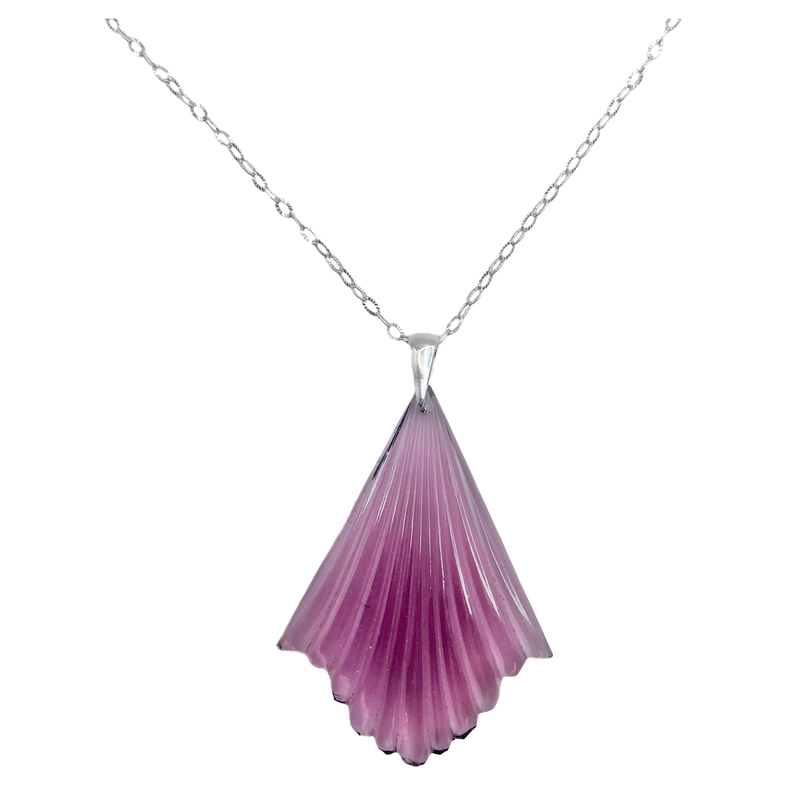 PONTIEL Art Deco Amethyst Glass Fan with Sterling Silver Chain Pendant Necklace For Sale