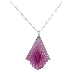 Used PONTIEL Art Deco Amethyst Glass Fan with Sterling Silver Chain Pendant Necklace