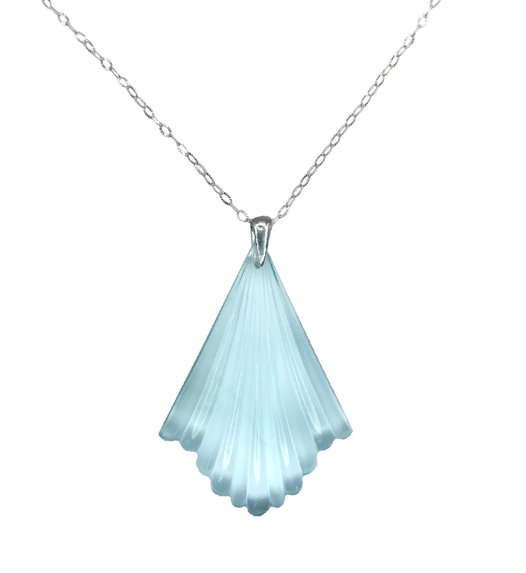 Women's or Men's PONTIEL Art Deco Aqua Glass Fan with Sterling Silver Chain Pendant Necklace For Sale