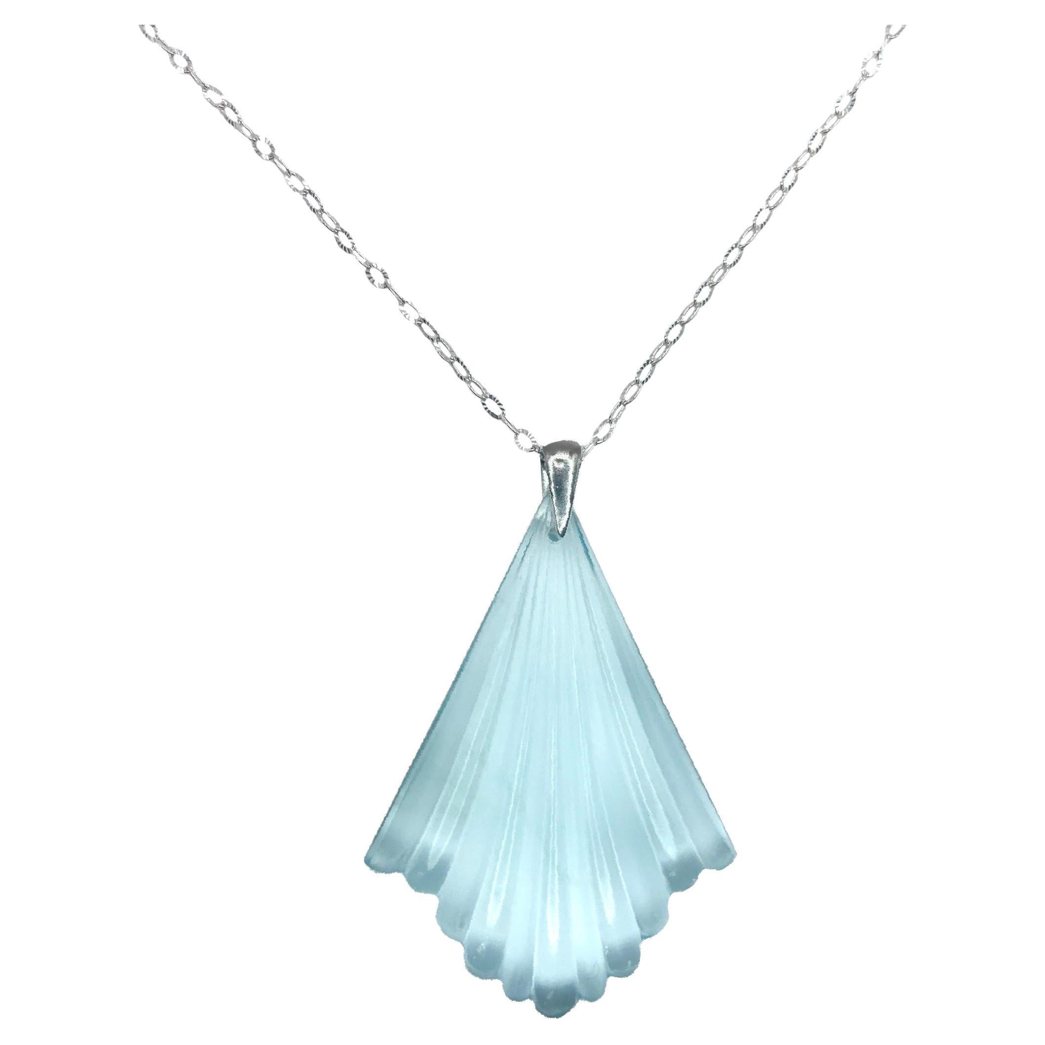 PONTIEL Art Deco Aqua Glass Fan with Sterling Silver Chain Pendant Necklace For Sale