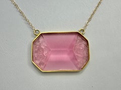 PONTIEL Art Deco Beveled Light Pink Glass Bordered by Floral Motif Necklace