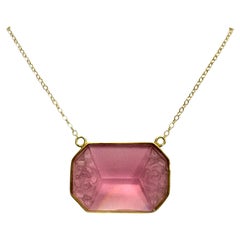 PONTIEL Art Deco Beveled Light Pink Glass Bordered by Floral Motif Necklace