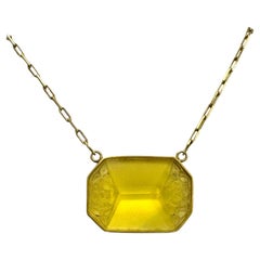 PONTIEL Art Deco Beveled Light Yellow Glass Bordered by Floral Motif Necklace