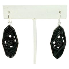 PONTIEL Art Deco Black Floral Molded French Glass Drop Earrings