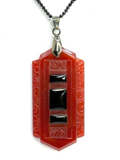 PONTIEL Art Deco Carnelian and Black Pendant Necklace on Spinel Crystal Chain