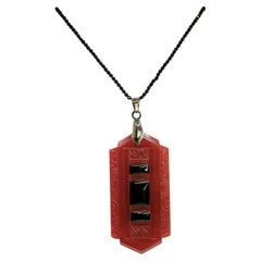 PONTIEL Art Deco Carnelian and Black Pendant Necklace on Spinel Crystal Chain