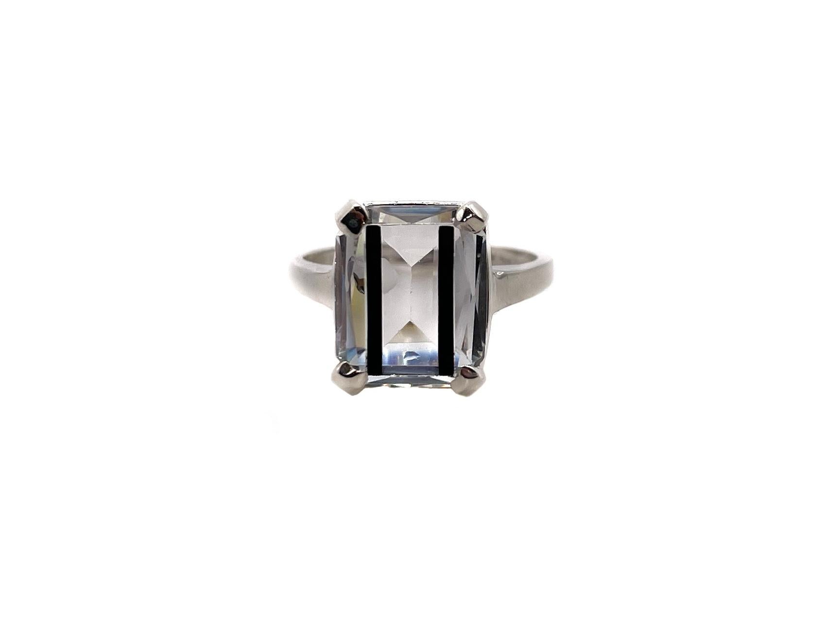 PONTIEL Art Deco Clear Glass Emerald Cut Stone Black Line Motif Cocktail Ring For Sale 1