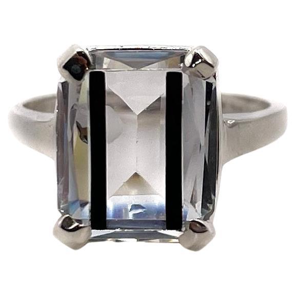 PONTIEL Art Deco Clear Glass Emerald Cut Stone Black Line Motif Cocktail Ring For Sale