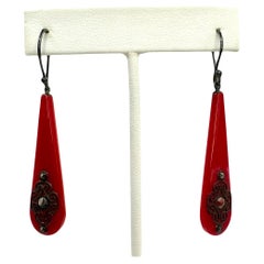 PONTIEL Art Deco Elongated Glass Drops with Oxidized Silver Filigree Earrings