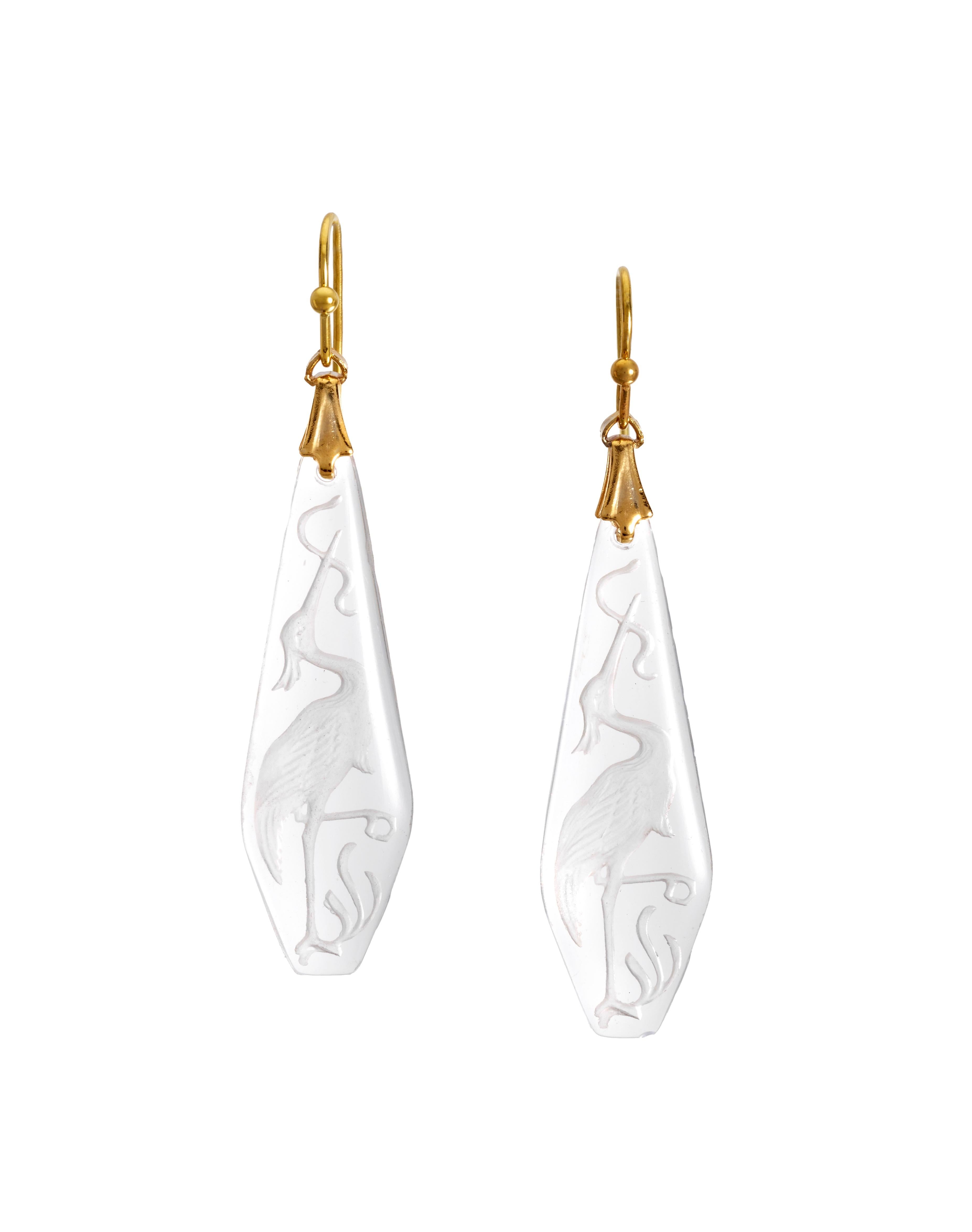 Women's or Men's PONTIEL Art Deco Etched Heron Motif in Clear Glass with Gold Fill Earrings For Sale