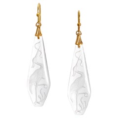 PONTIEL Art Deco Etched Heron Motif in Clear Glass with Gold Fill Earrings