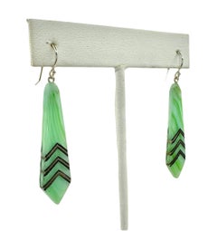 PONTIEL Art Deco French Jade Glass with Silver Inlay Geometric Drop Earrings