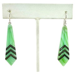 PONTIEL Art Deco French Jade Glass with Silver Inlay Geometric Drop Earrings