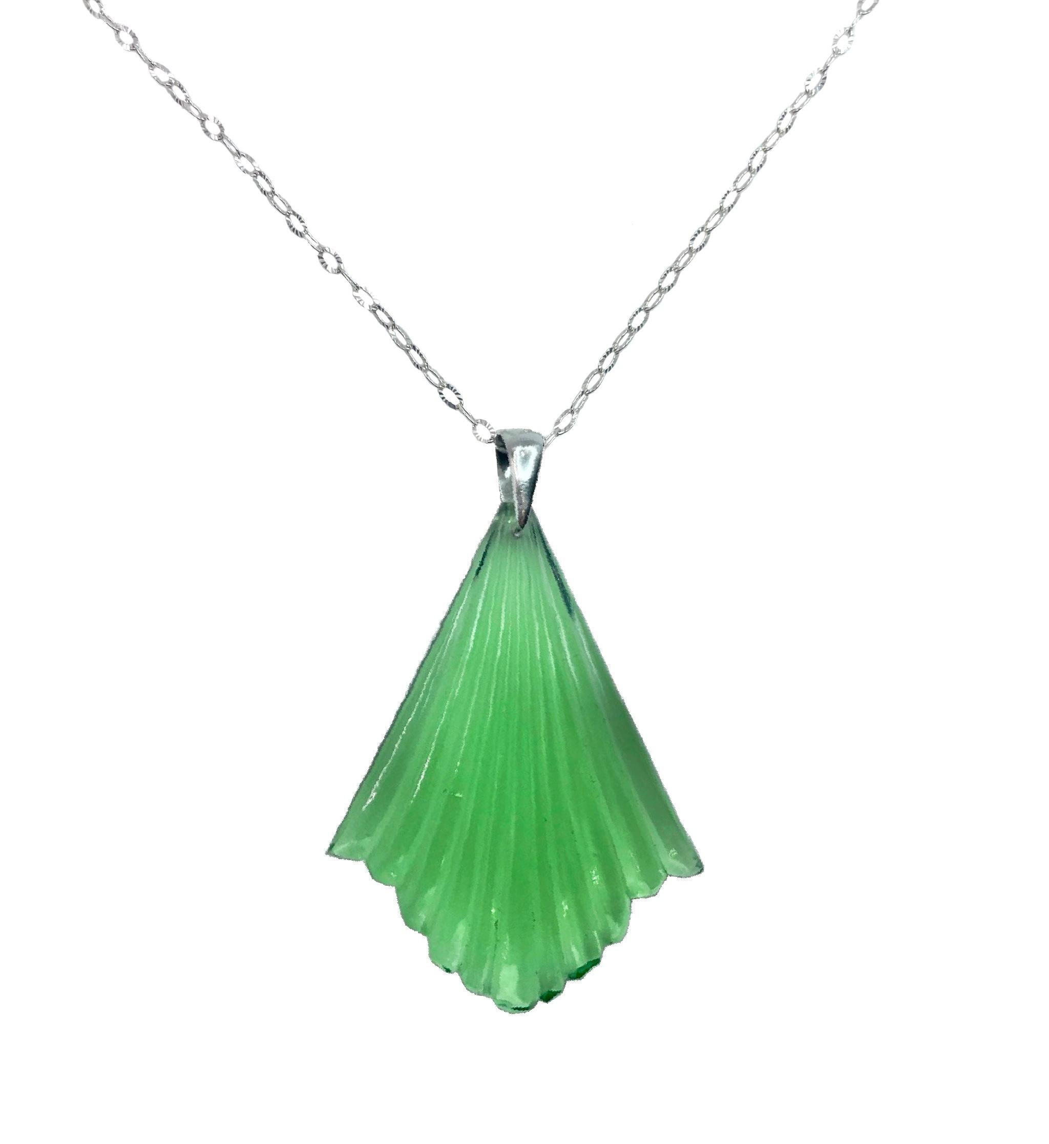 Women's or Men's PONTIEL Art Deco Green Glass Fan with Sterling Silver Chain Pendant Necklace For Sale