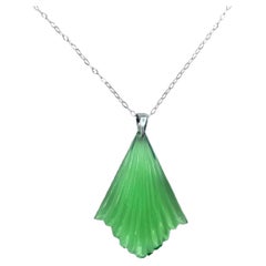 Used PONTIEL Art Deco Green Glass Fan with Sterling Silver Chain Pendant Necklace
