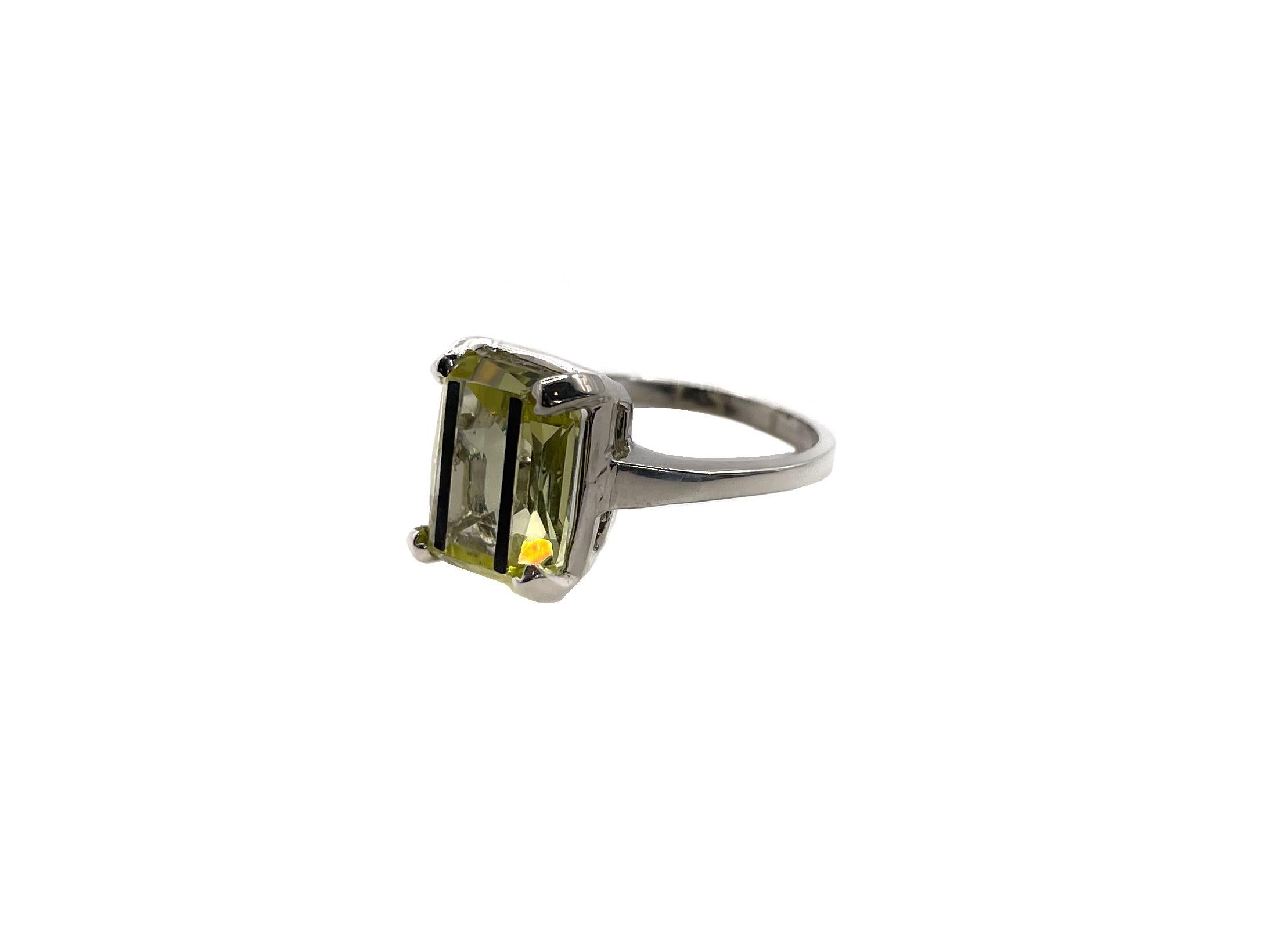 Women's or Men's PONTIEL Art Deco Jonquil Glass Emerald Cut Stone Black Line Motif Cocktail Ring For Sale