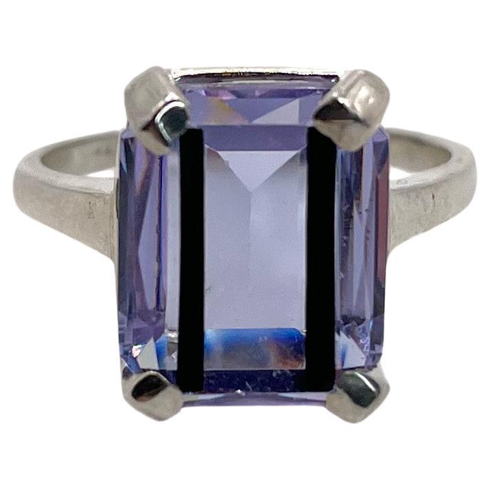 PONTIEL Art Deco Lavender Glass Emerald Cut Stone Black Line Motif Cocktail Ring For Sale