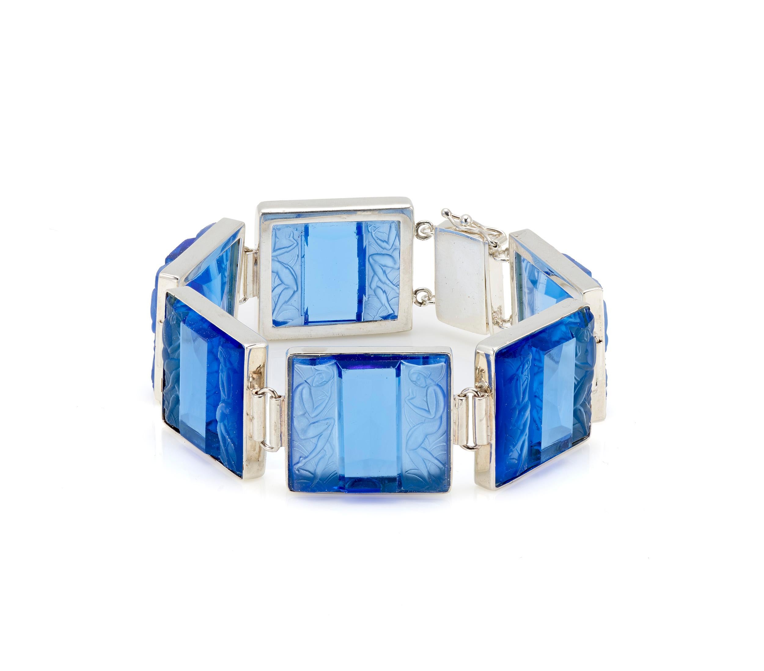 Women's or Men's PONTIEL Art Deco Stylized Sleek Lined Women Motif on Blue Glass Tamara Bracelet For Sale