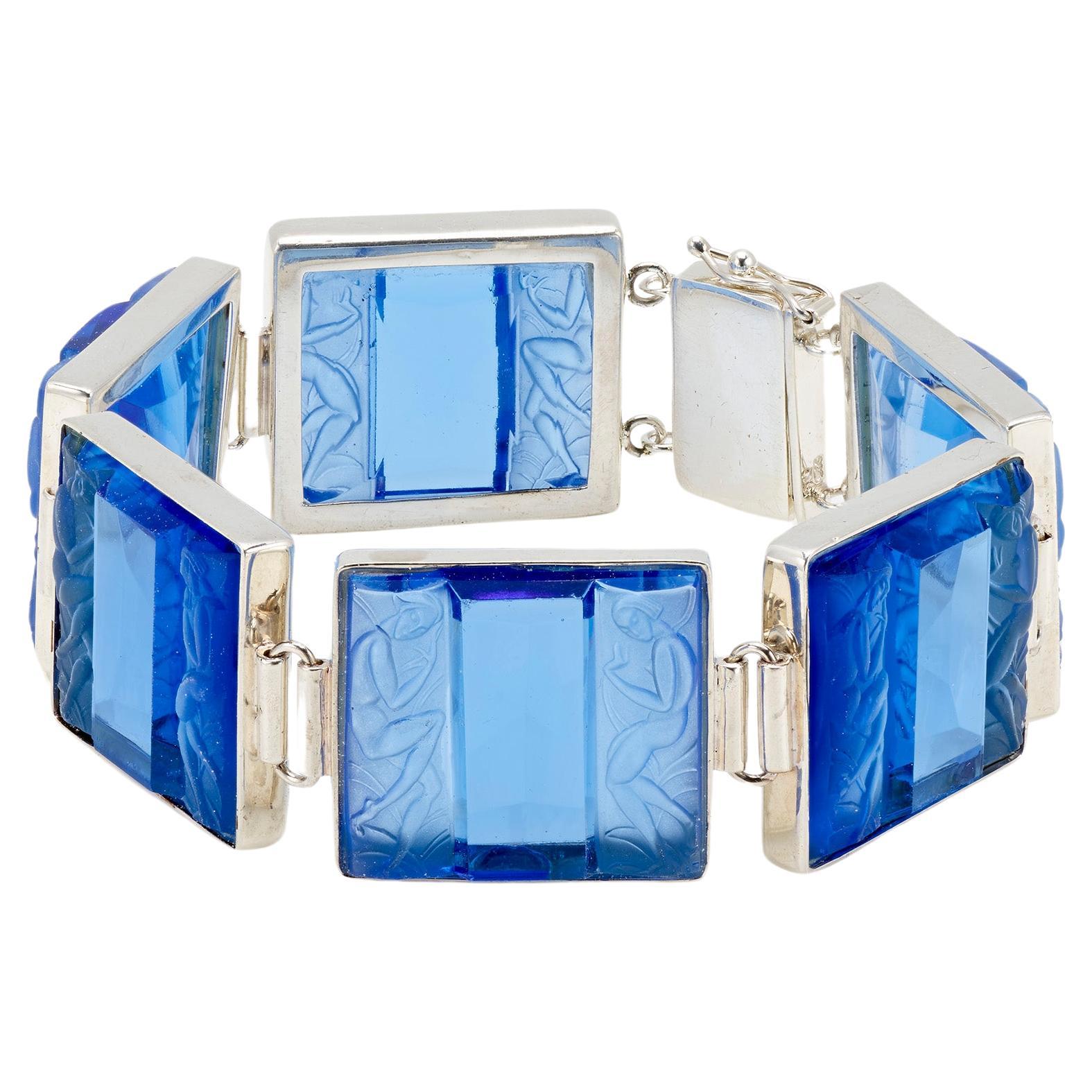 PONTIEL Art Deco Stylized Sleek Lined Women Motif on Blue Glass Tamara Bracelet For Sale